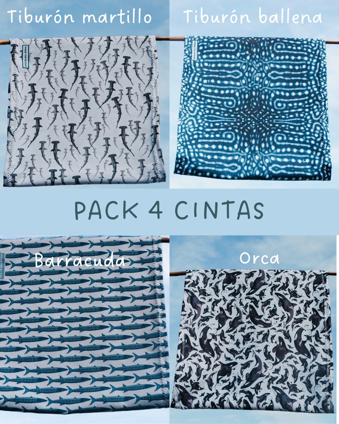 PACK 4 cintas para el pelo: Barracuda, Martillo, Ballena, Orca