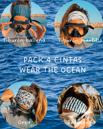 PACK 4 cintas para el pelo: Barracuda, Martillo, Ballena, Orca